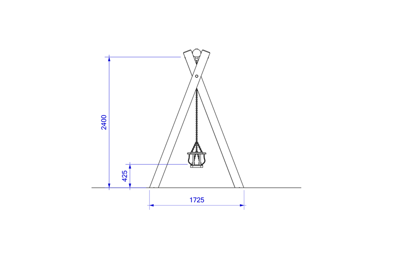 Technical render of a Timber Swing (2.4M) with Two Flat Seats and One Cradle Seat